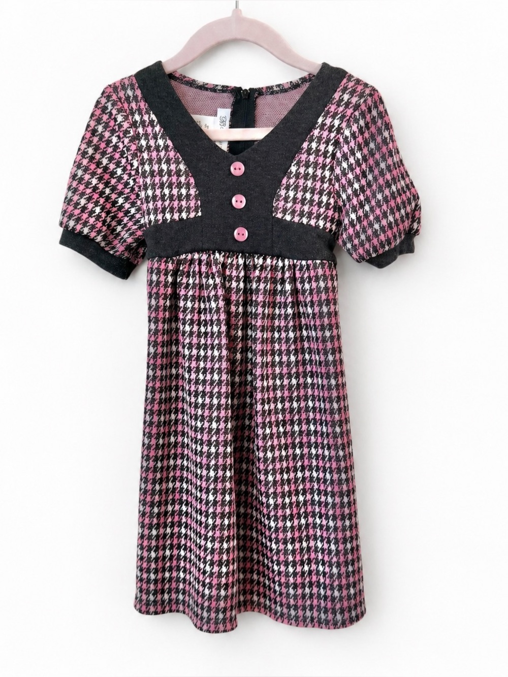 Bonnie Jean Pink and Charcoal Houndstooth Dress with Button Trim Size 4